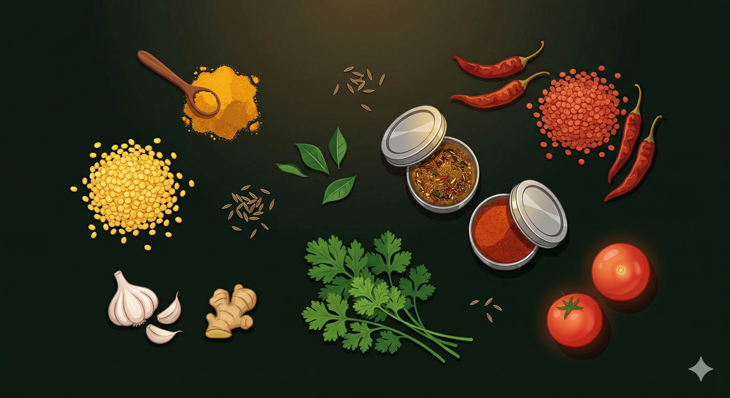 Indian ingredients, dals, spices, fresh vegetables
